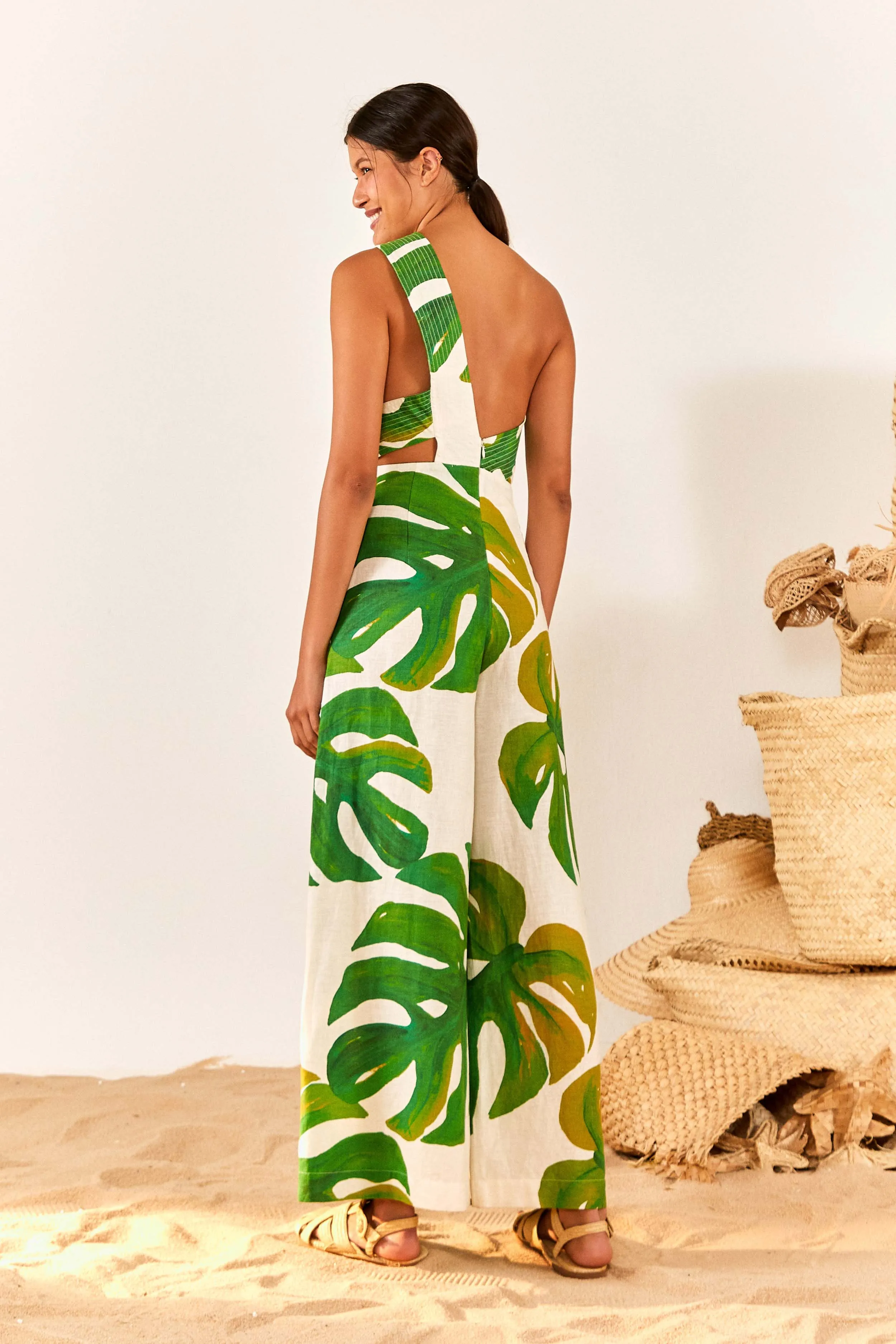 White Monstera One Shoulder Jumpsuit