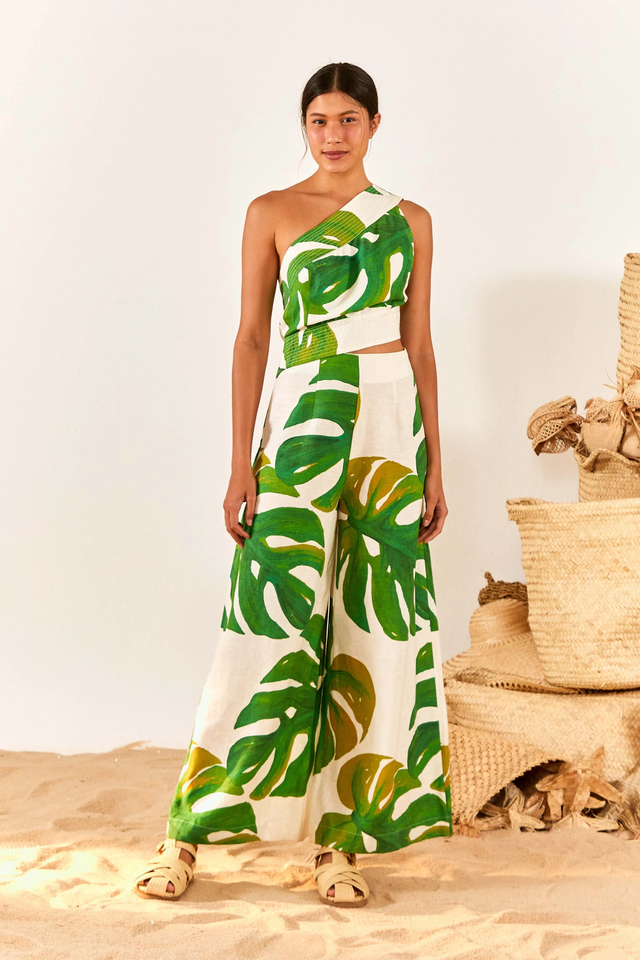 White Monstera One Shoulder Jumpsuit