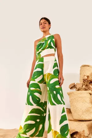 White Monstera One Shoulder Jumpsuit