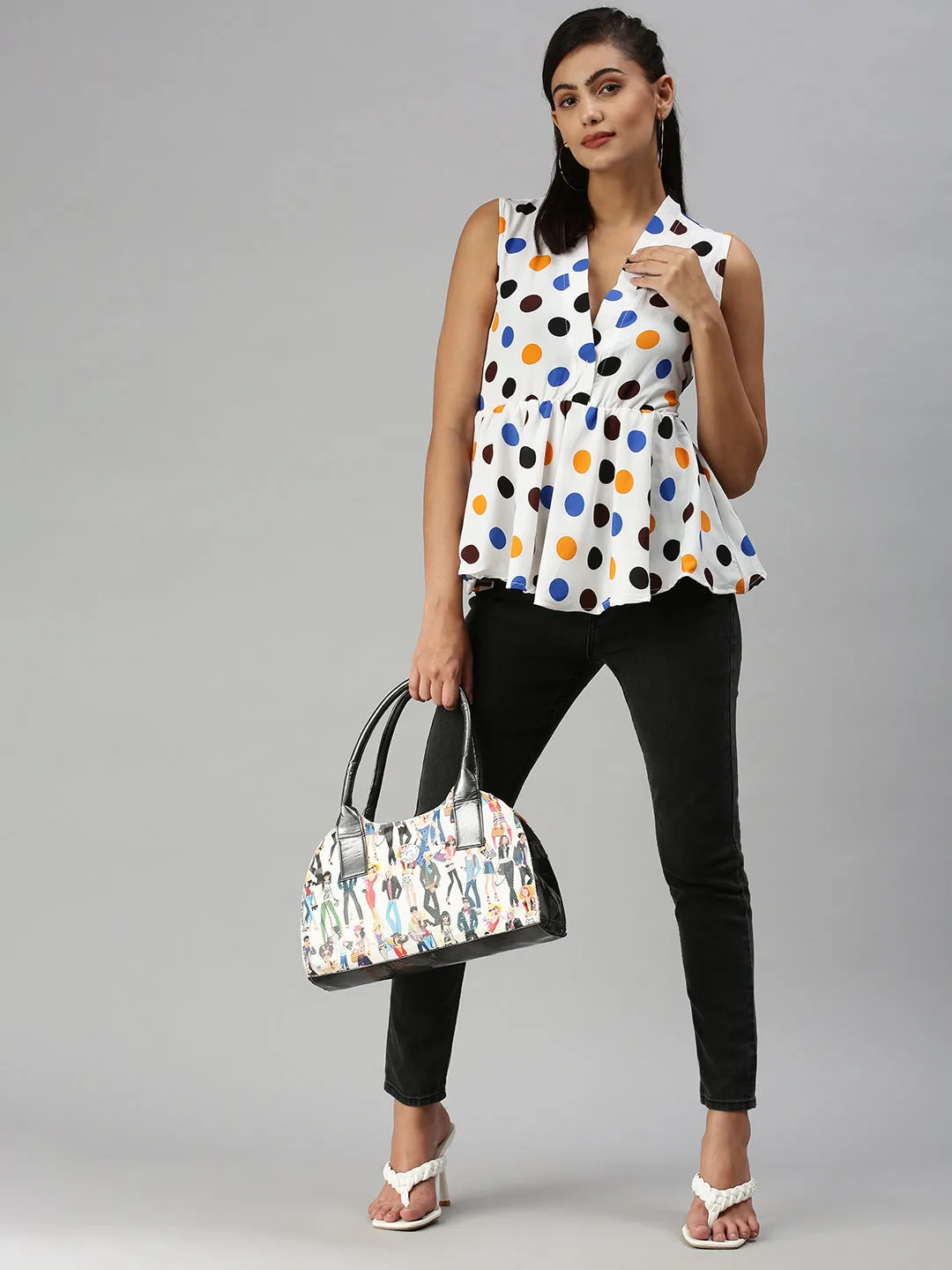 Women Off White Print Crepe Peplum Top