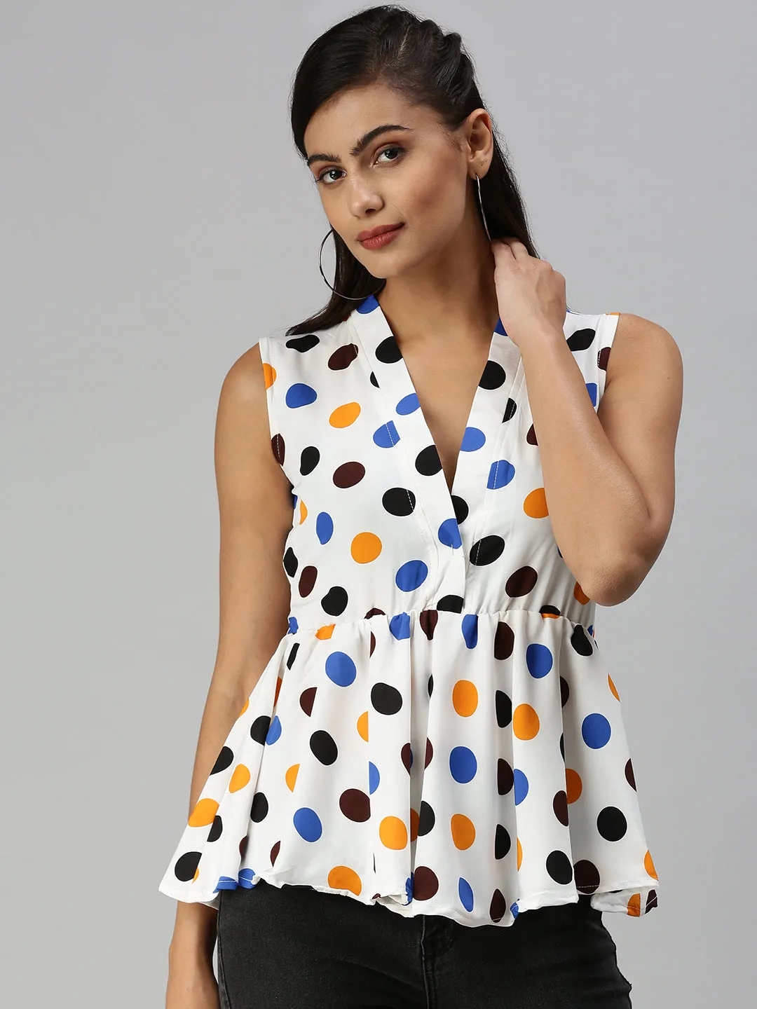 Women Off White Print Crepe Peplum Top