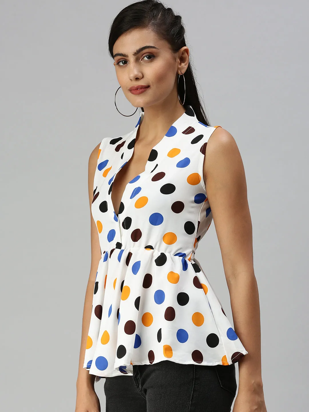 Women Off White Print Crepe Peplum Top