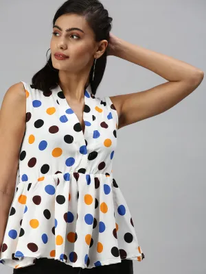 Women Off White Print Crepe Peplum Top
