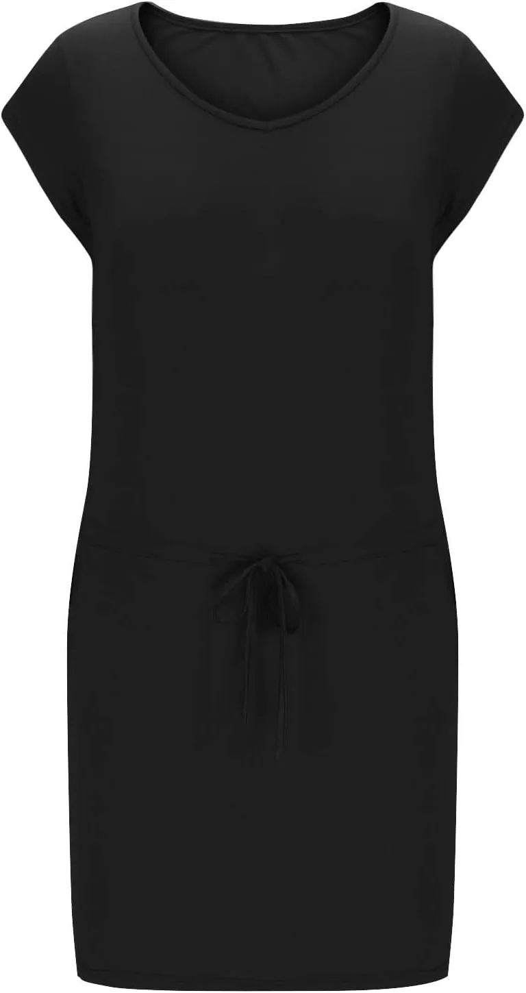 Women Summer Dress Casual Short Sleeve V Neck Sundresses Drawstring Waist Beach Cover up Mini Beach Dress with Pocket
