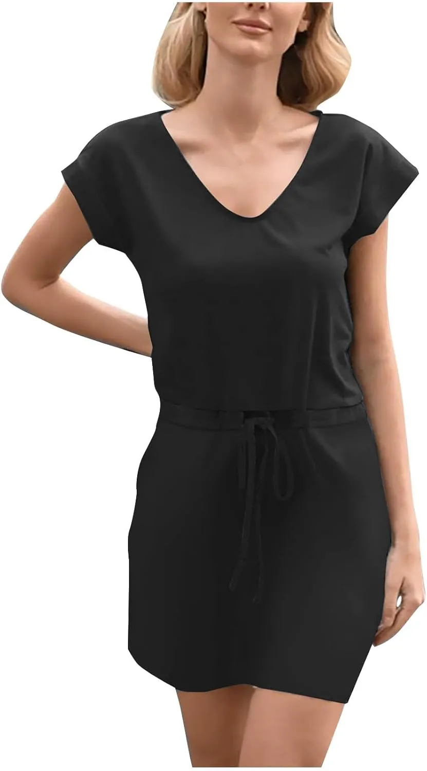 Women Summer Dress Casual Short Sleeve V Neck Sundresses Drawstring Waist Beach Cover up Mini Beach Dress with Pocket