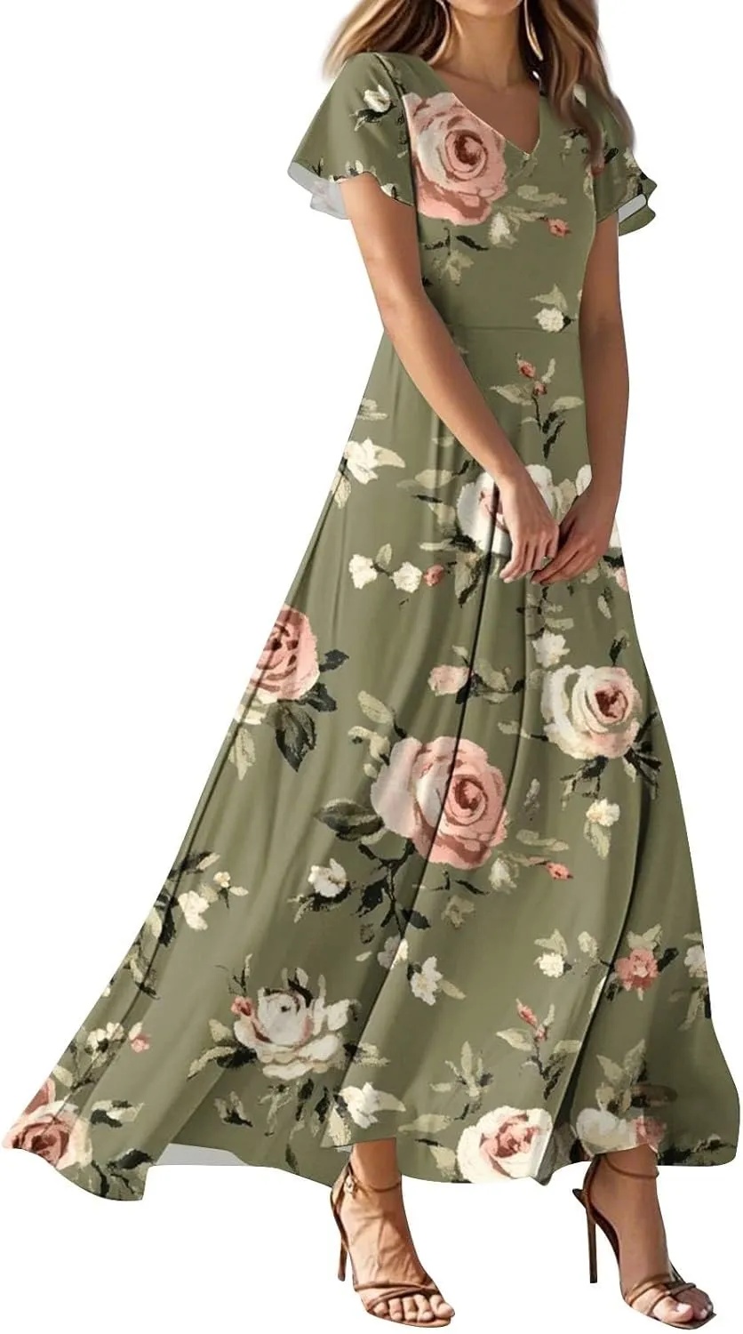Women's Casual A-Line Dresses 2025 V Neck Short Sleeve Dress Empire Waist Boho Summer Sundress