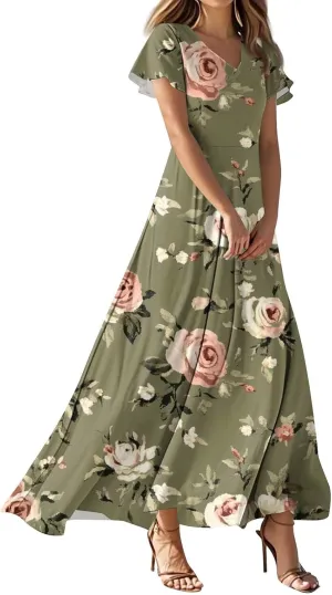 Women's Casual A-Line Dresses 2025 V Neck Short Sleeve Dress Empire Waist Boho Summer Sundress