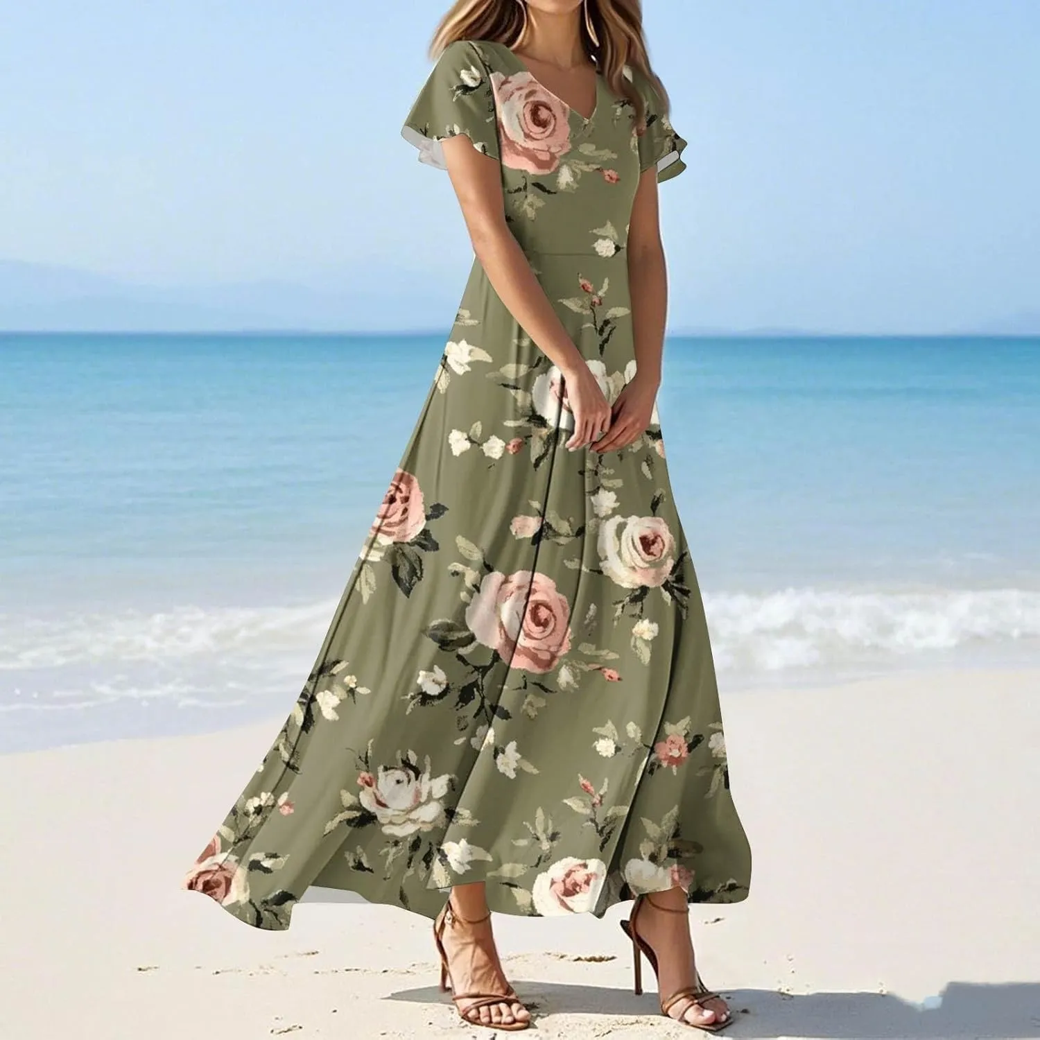 Women's Casual A-Line Dresses 2025 V Neck Short Sleeve Dress Empire Waist Boho Summer Sundress