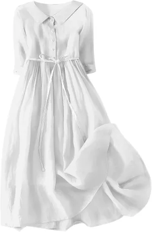 Women's Cotton Linen Midi Dress Plus Size 3/4 Sleeve Pleated Summer Dresses Vacation 2025 Crew Neck Casual Dress