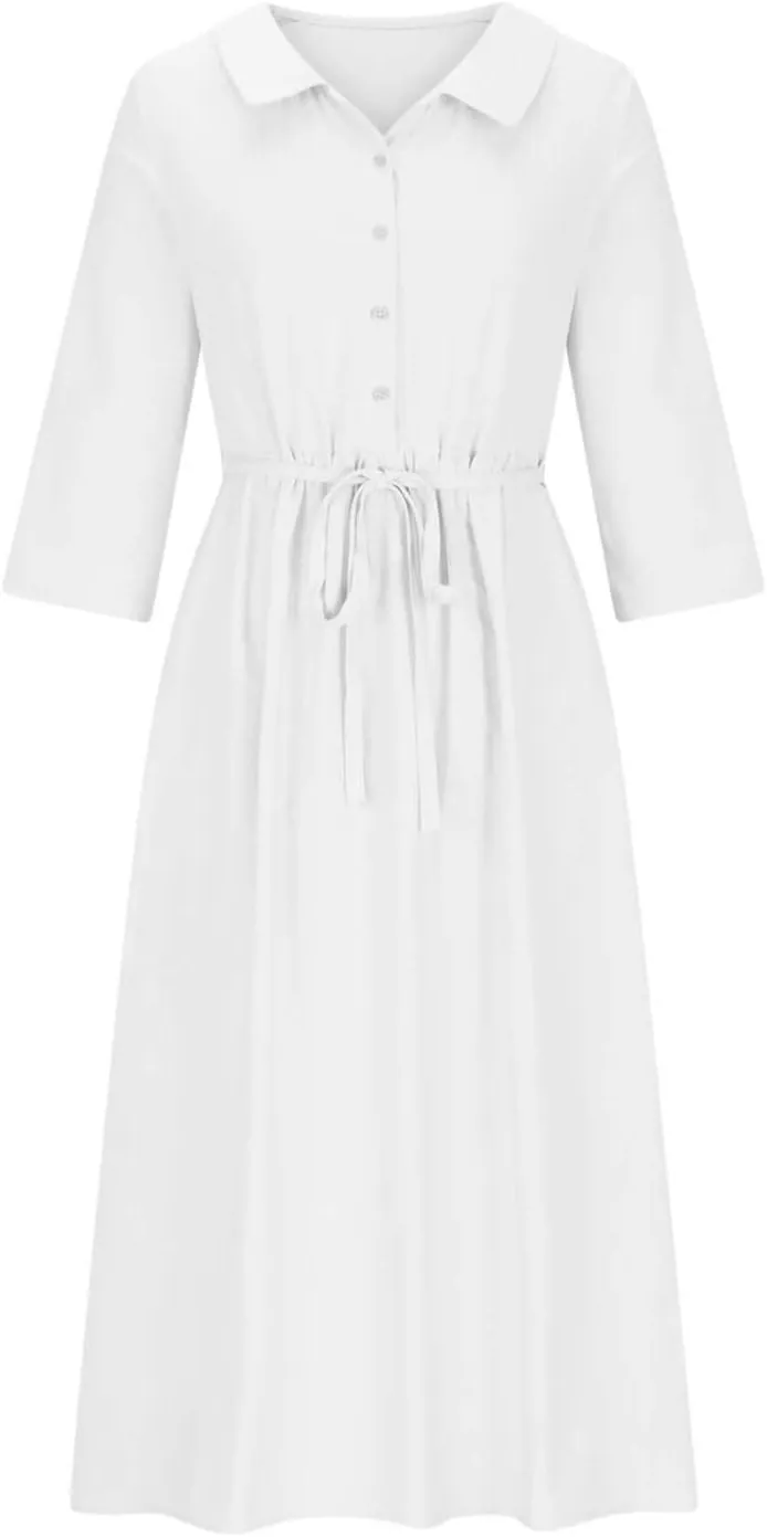 Women's Cotton Linen Midi Dress Plus Size 3/4 Sleeve Pleated Summer Dresses Vacation 2025 Crew Neck Casual Dress